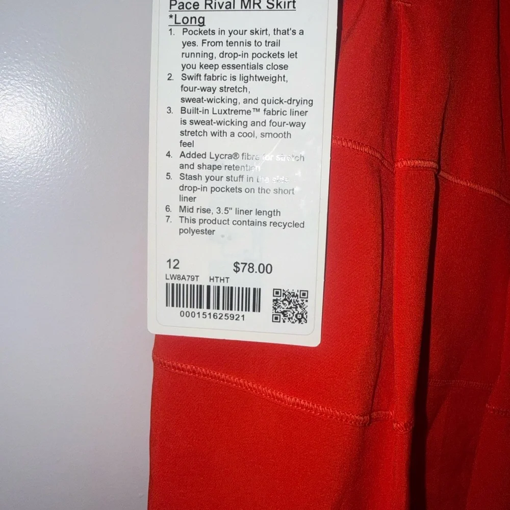 NWT Lululemon Pace Rival Mid-Rise Skirt in Hot Heat, Size 12. - Picture 6 of 10